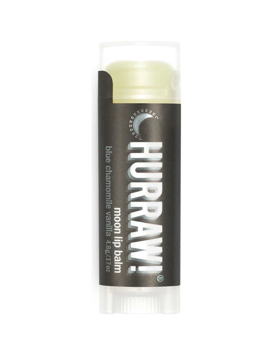 A 4.8g tube of Hurraw! Moon Lip Balm Blue Chamomile & Vanilla, featuring a dark label with a crescent moon graphic—ideal for overnight vegan lip care.