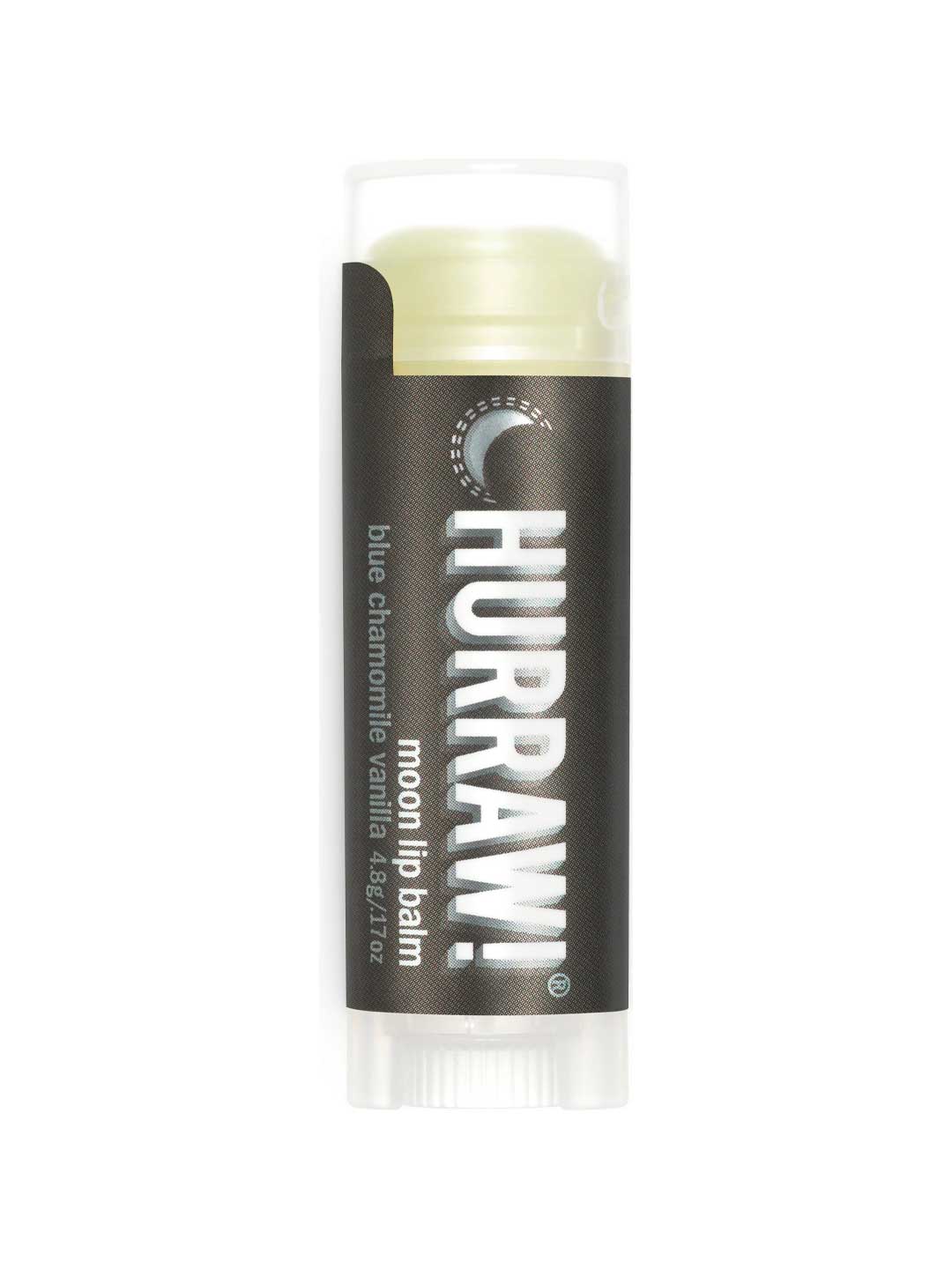 A 4.8g tube of Hurraw! Moon Lip Balm Blue Chamomile & Vanilla, featuring a dark label with a crescent moon graphic—ideal for overnight vegan lip care.