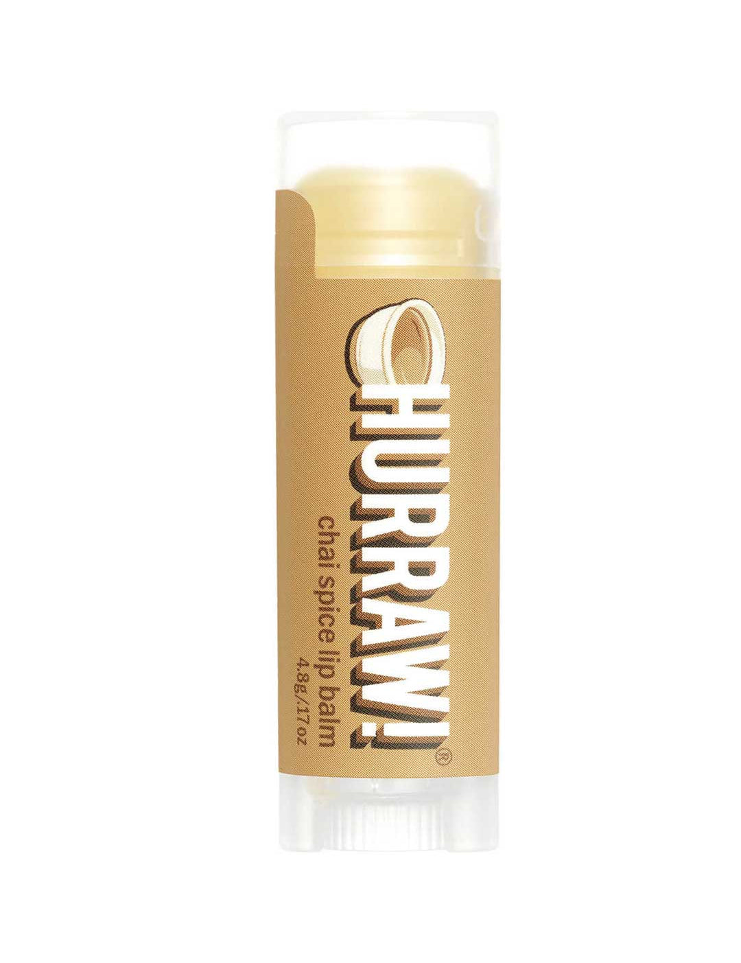 A 4.8g tube of Hurraw! Organic Lip Balm - Chai Spice with a brown label, bold white text, and a clear cap is shown against a white background.