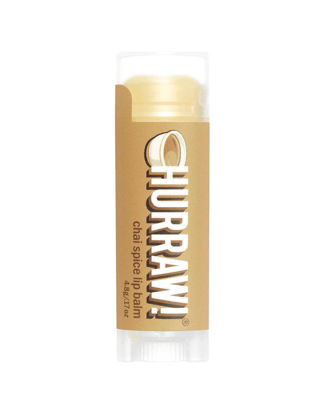 A 4.8g tube of Hurraw! Organic Lip Balm - Chai Spice with a brown label, bold white text, and a clear cap is shown against a white background.