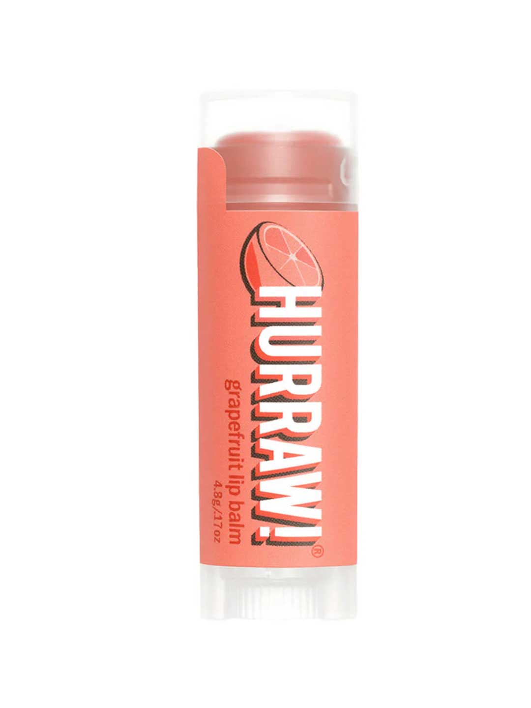 A tube of Hurraw! Organic Lip Balm - Grapefruit 4.8g with a peach label, bold white and black text, and a grapefruit graphic. The vegan balm has a clear cap, showing the nourishing formula inside.