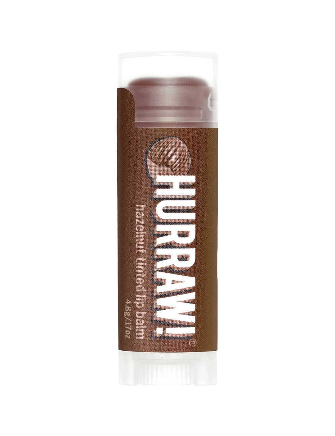 A partially twisted-up Hurraw! Organic Lip Balm - Hazelnut 4.8g with a brown label, white text, and a hazelnut image reveals the vegan product inside.