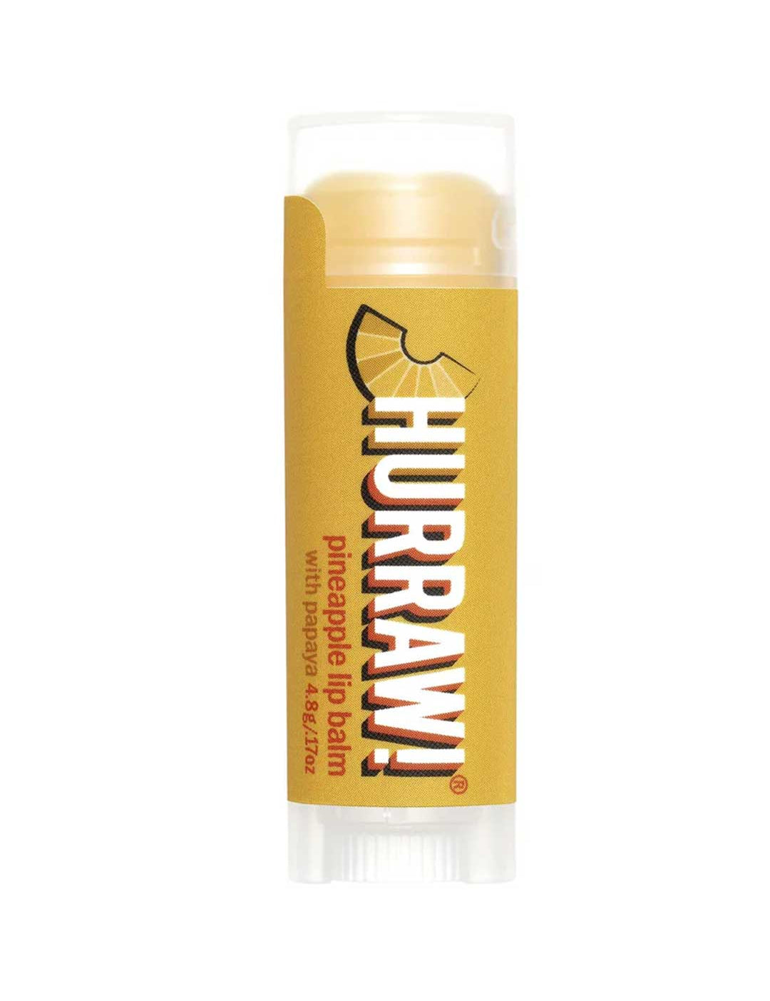 A yellow tube of Hurraw! Organic Lip Balm - Pineapple 4.8g features a pineapple wedge graphic and notes papaya content; this vegan balm has a clear cap and base.