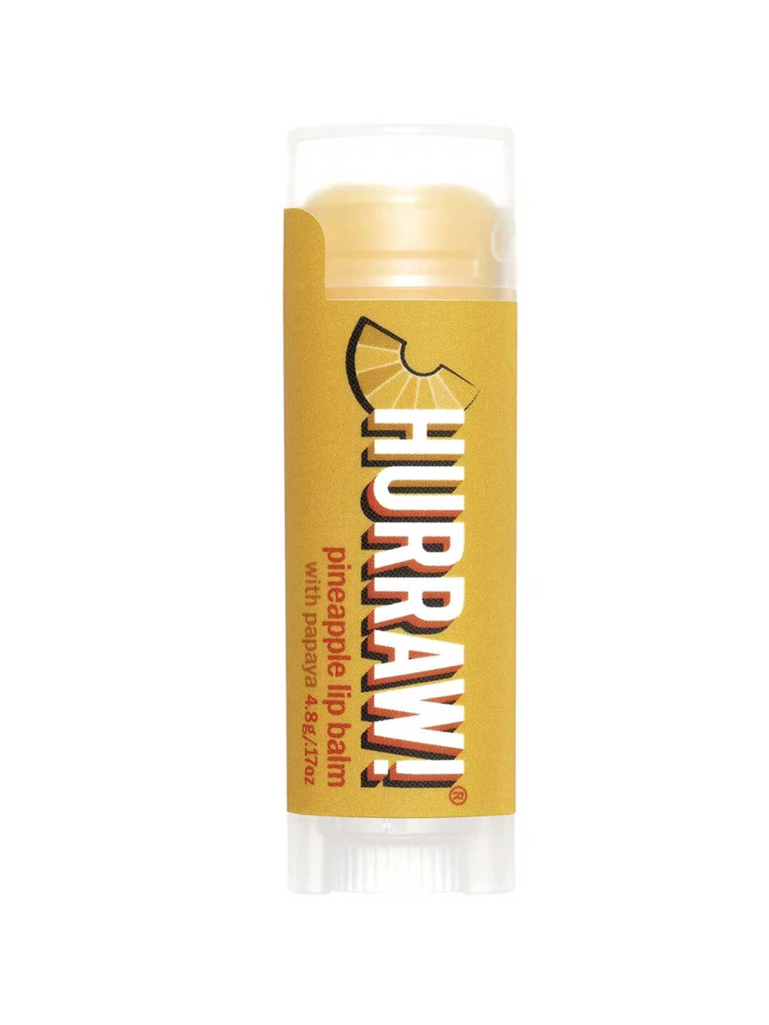 A yellow tube of Hurraw! Organic Lip Balm - Pineapple 4.8g features a pineapple wedge graphic and notes papaya content; this vegan balm has a clear cap and base.
