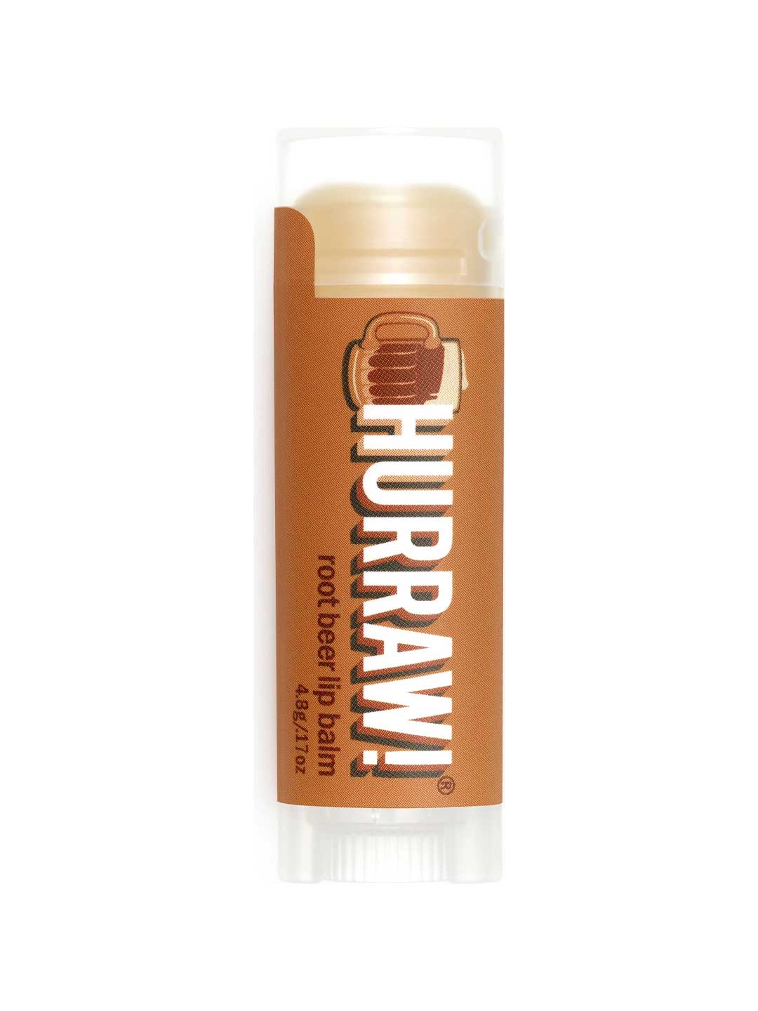 A 4.8g tube of Hurraw! Organic Lip Balm - Root Beer with a brown label, root beer mug graphic, and white text stands upright on a white background. This vegan lip balm combines fun design with organic care.