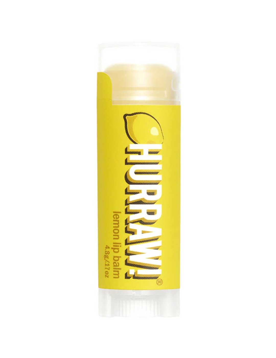 A 4.8g tube of Hurraw! Organic Lip Balm - Lemon with a yellow label, lemon graphic, and white text stands upright on a white background. This organic balm keeps your lips nourished and soft.