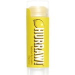 A 4.8g tube of Hurraw! Organic Lip Balm - Lemon with a yellow label, lemon graphic, and white text stands upright on a white background. This organic balm keeps your lips nourished and soft.