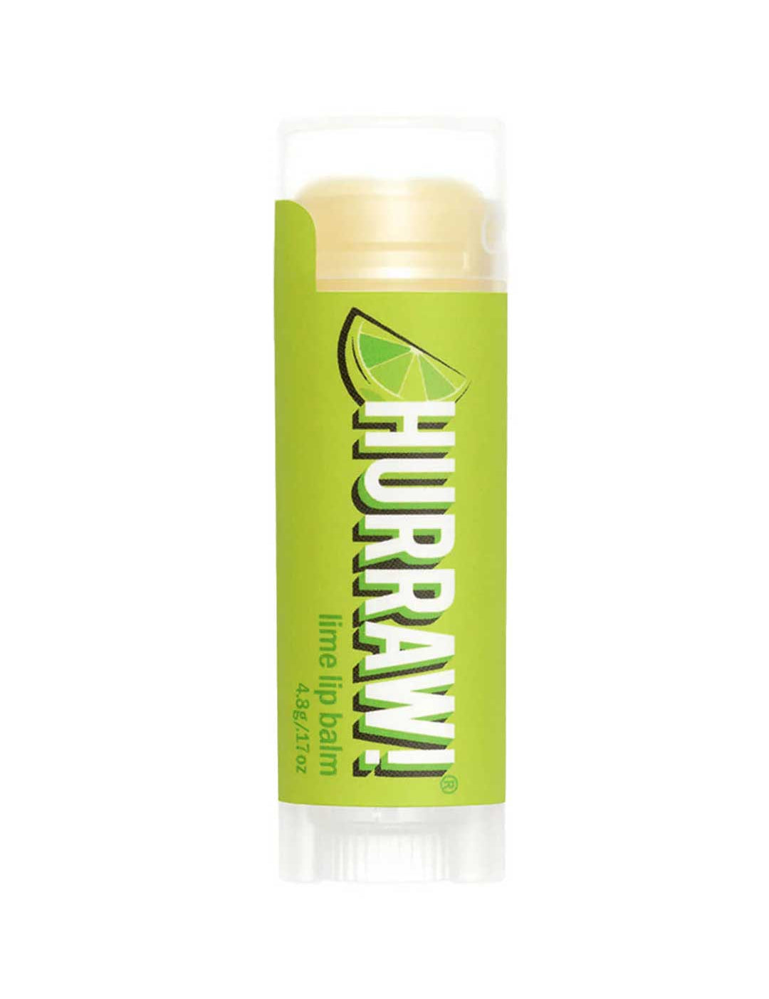 A partially opened Hurraw! Organic Lip Balm - Lime 4.8g shows the light yellow vegan balm inside. The tube has a green label with a lime slice graphic.