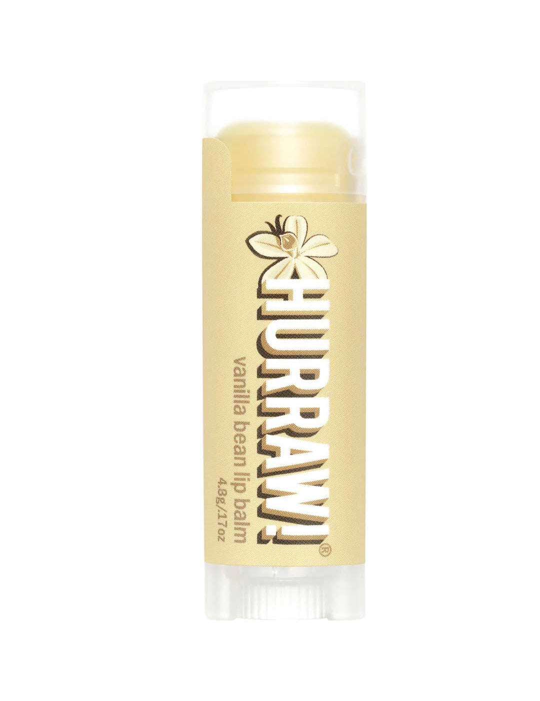 The Hurraw! Organic Lip Balm - Vanilla Bean 4.8g has a beige label with white text and a vanilla flower, shown capped. This nourishing, vegan-friendly lip balm is made with organic ingredients.