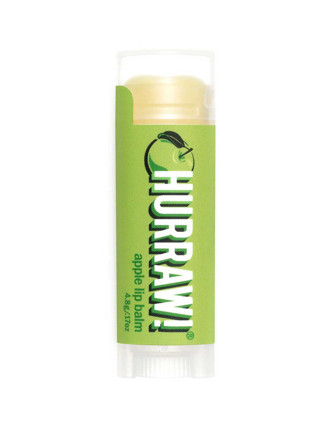 A 4.8g tube of Hurraw! Organic Lip Balm - Apple stands upright on a white background, featuring a green label with an apple graphic.