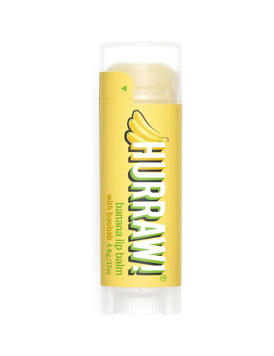 A yellow tube of Hurraw! Organic Lip Balm - Banana with Baobab 4.8g features a banana image and text on the label, plus a clear cap over slightly raised balm.