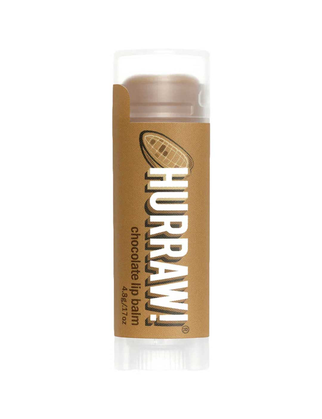 A 4.8g tube of Hurraw! Organic Lip Balm in Chocolate flavor, with a brown label featuring a cocoa bean illustration, stands upright against a white background.