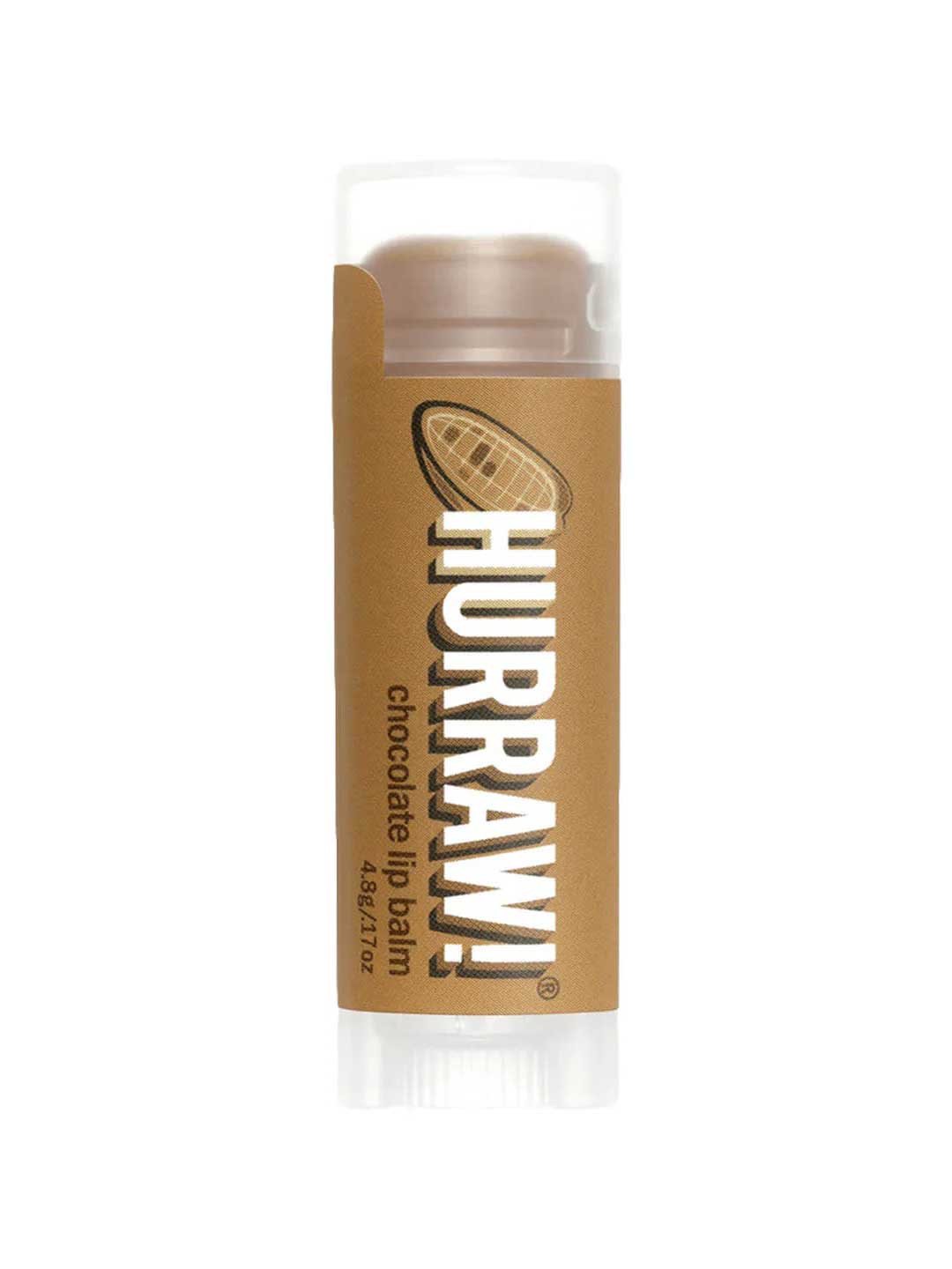 A 4.8g tube of Hurraw! Organic Lip Balm in Chocolate flavor, with a brown label featuring a cocoa bean illustration, stands upright against a white background.