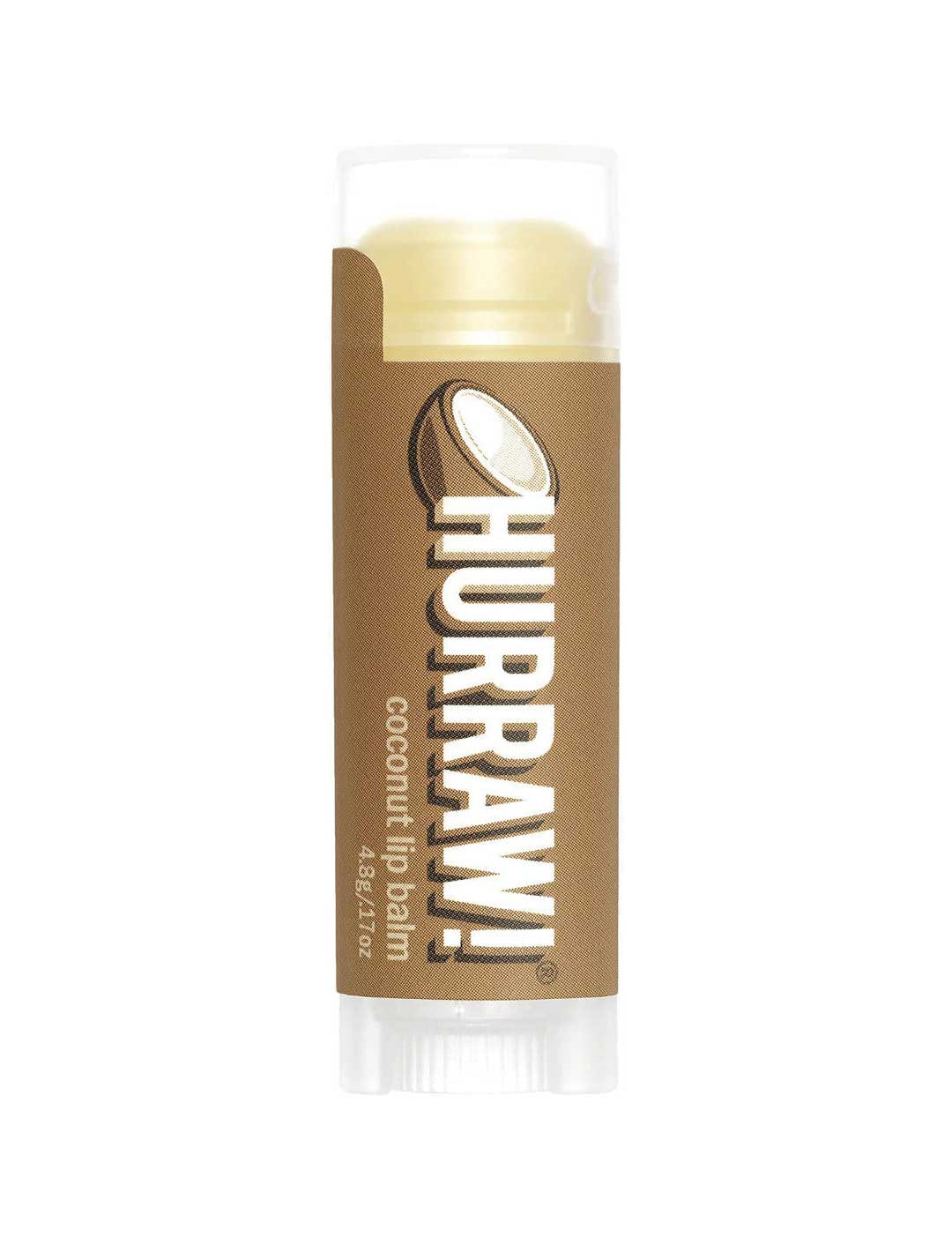 A tube of Hurraw! Organic Lip Balm - Coconut 4.8g with a brown label, coconut graphic, and white text stands upright on a white background. This vegan lip balm keeps lips soft with natural, organic ingredients.