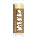 A tube of Hurraw! Organic Lip Balm - Coconut 4.8g with a brown label, coconut graphic, and white text stands upright on a white background. This vegan lip balm keeps lips soft with natural, organic ingredients.