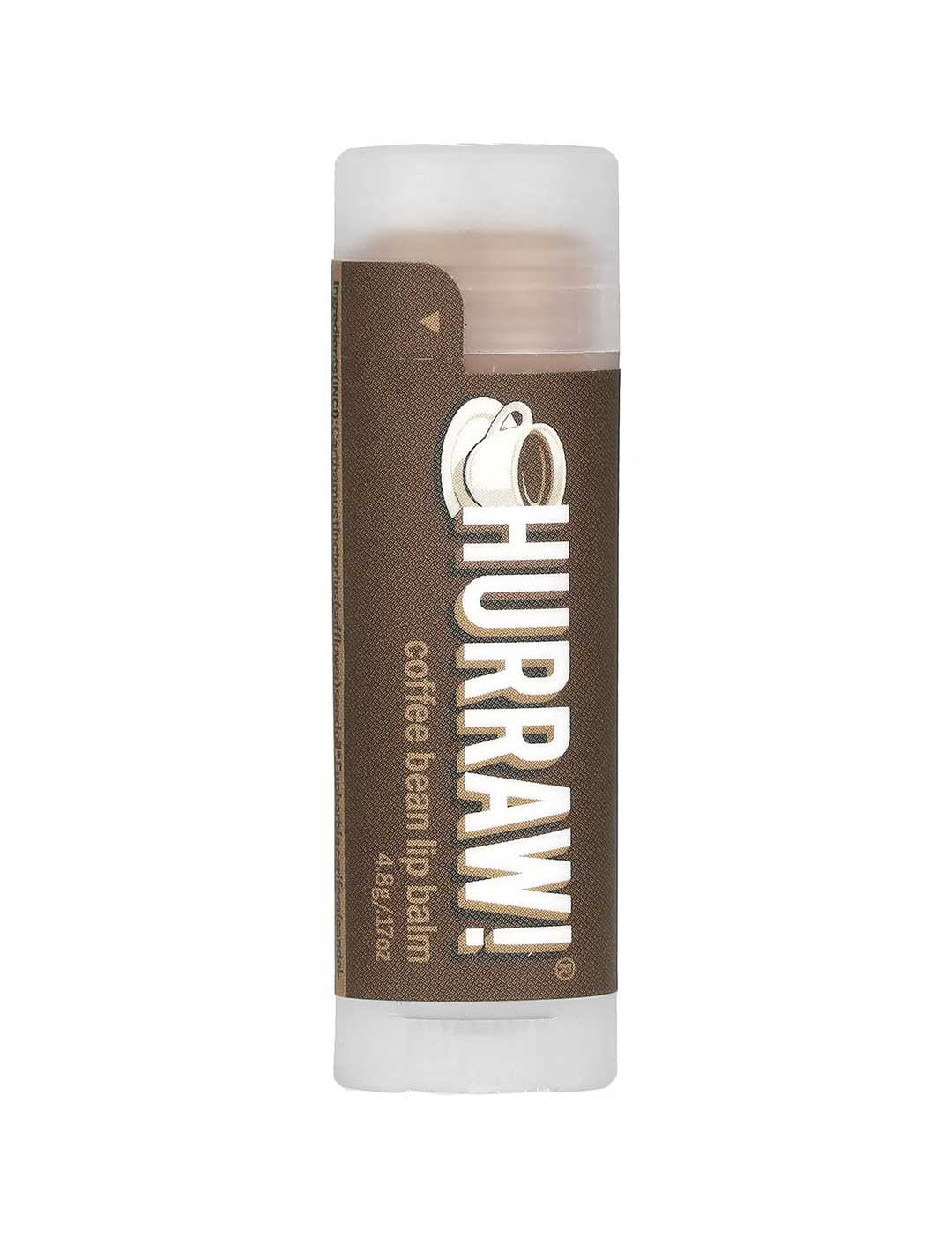 A 4.8g Hurraw! Organic Lip Balm in Coffee flavor stands upright on a white background, featuring a brown label with a white coffee cup graphic and white text.