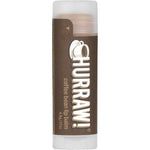 A 4.8g Hurraw! Organic Lip Balm in Coffee flavor stands upright on a white background, featuring a brown label with a white coffee cup graphic and white text.