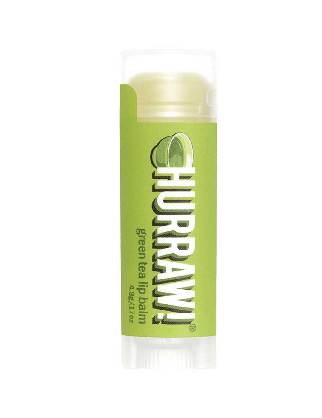 A 4.8g Hurraw! Organic Lip Balm in Green Tea stands upright with a translucent cap and lime graphics, set against a white background.