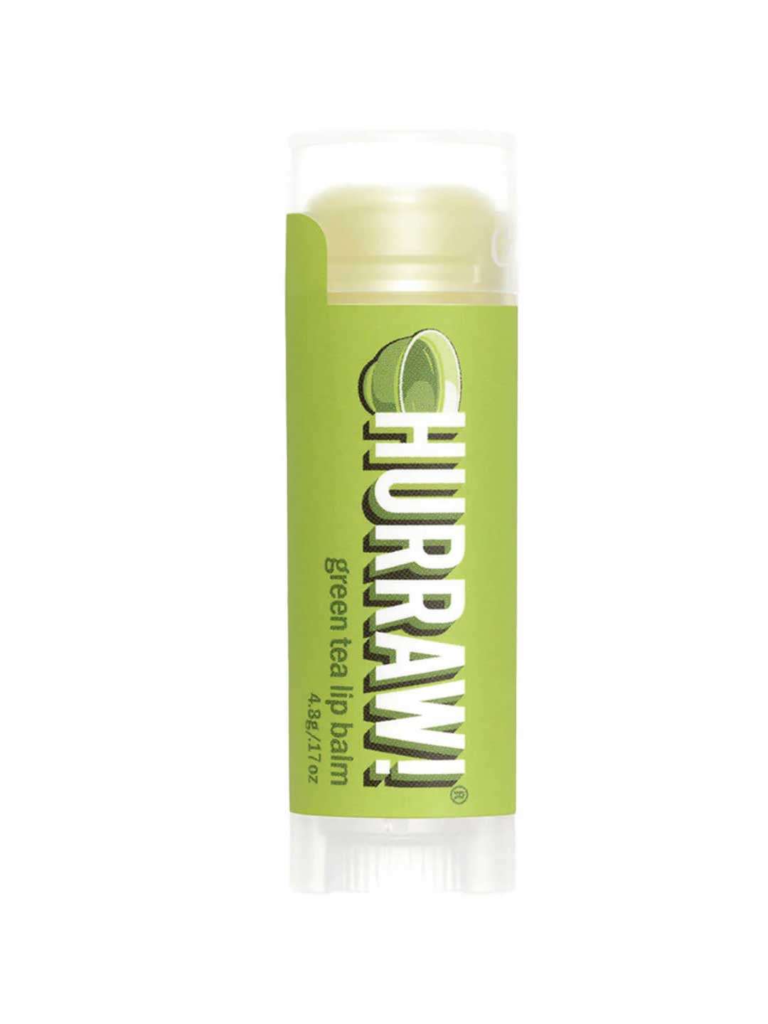 A 4.8g Hurraw! Organic Lip Balm in Green Tea stands upright with a translucent cap and lime graphics, set against a white background.