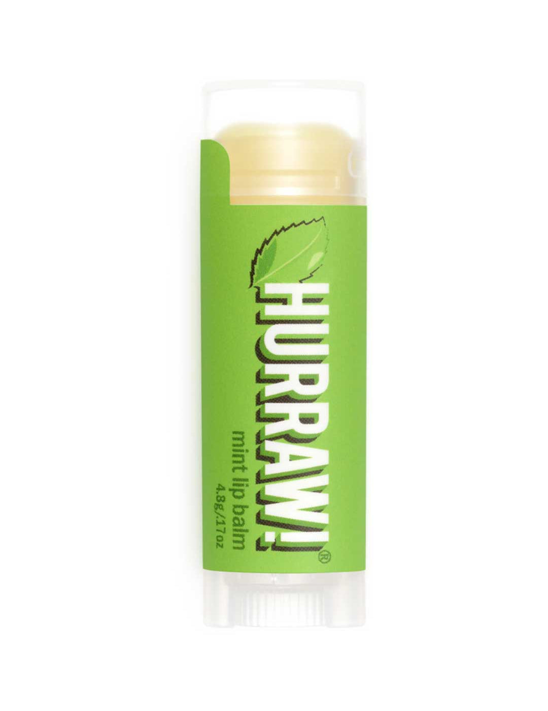 A 4.8g tube of Hurraw! Organic Lip Balm - Mint, in green packaging with a mint leaf graphic and white text; the balm is partly visible through the clear cap.