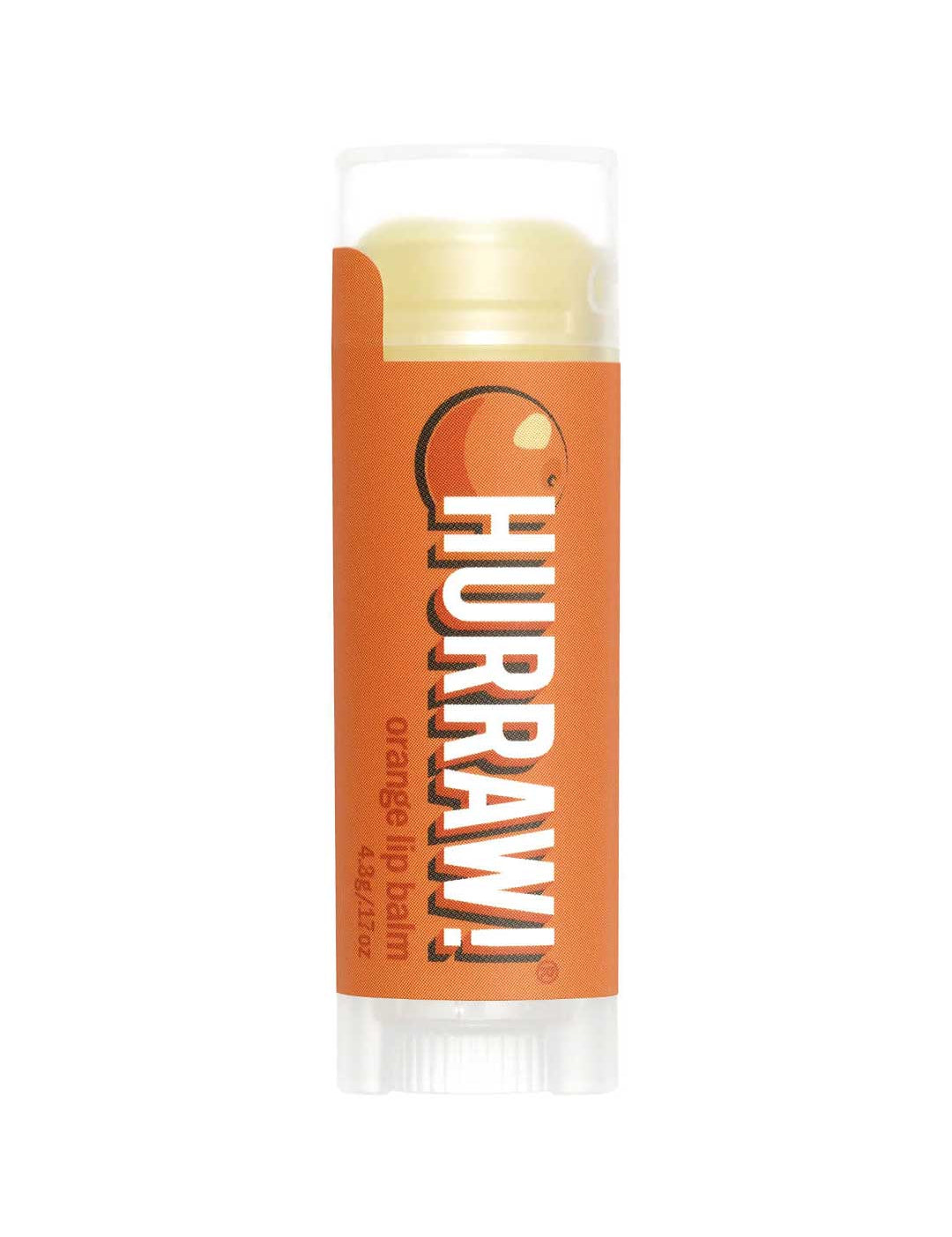 A 4.8g tube of Hurraw! Organic Lip Balm - Orange features an orange label with white text, a clear cap, and part of an orange illustration on the label.