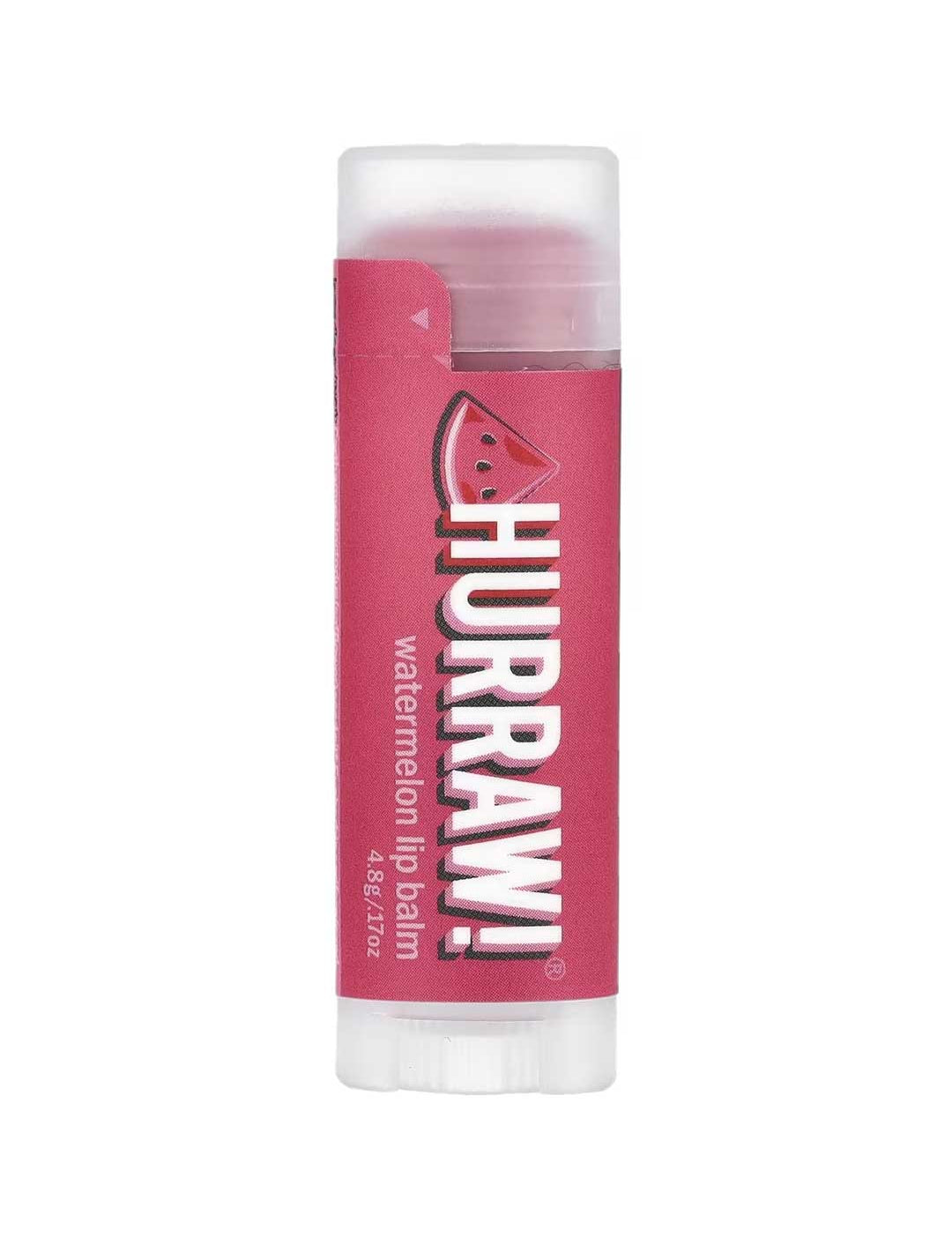 A 4.8g tube of Hurraw! Organic Lip Balm - Watermelon stands upright, with a pink label featuring a watermelon graphic and bold white text.