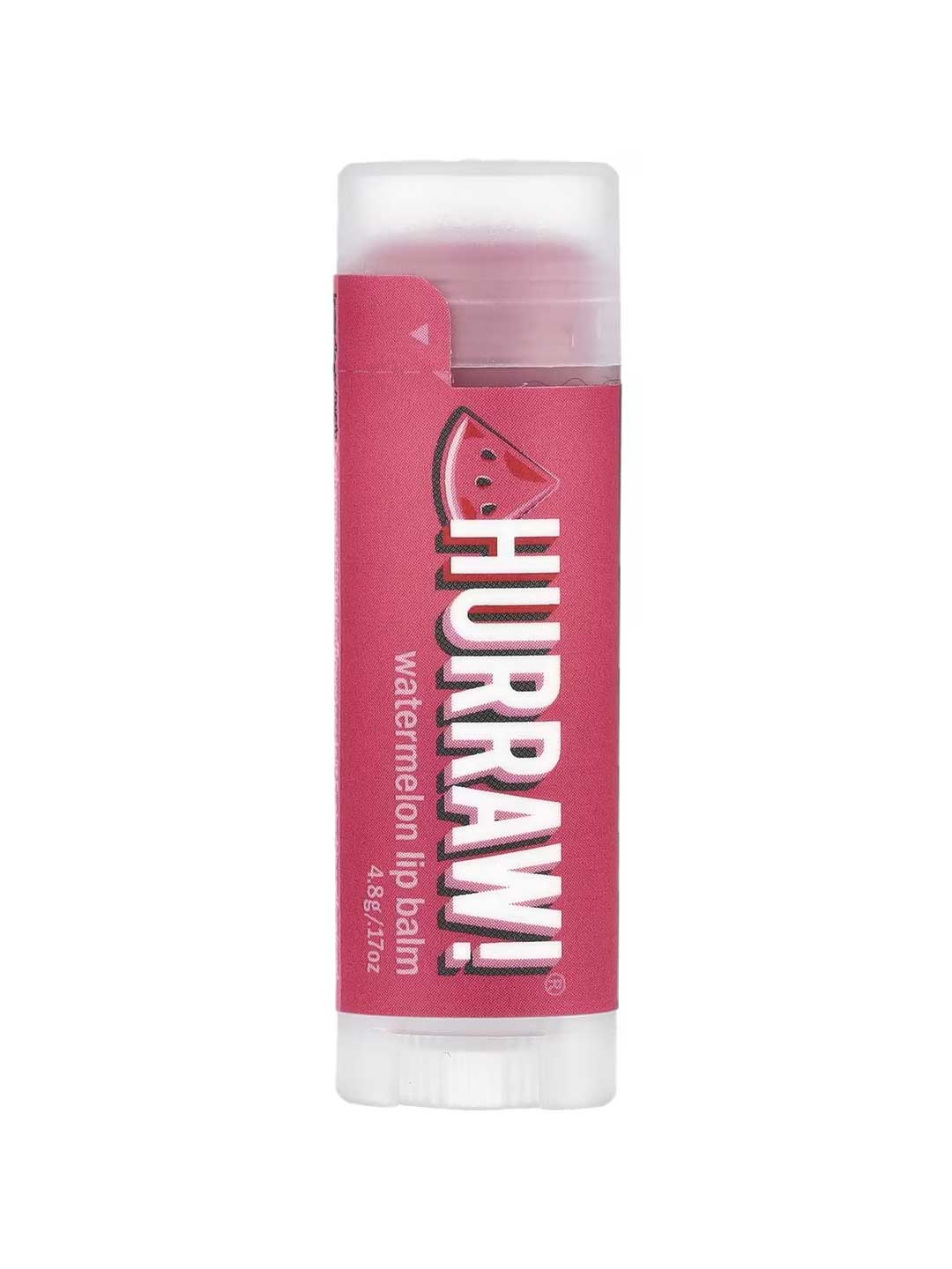 A 4.8g tube of Hurraw! Organic Lip Balm - Watermelon stands upright, with a pink label featuring a watermelon graphic and bold white text.