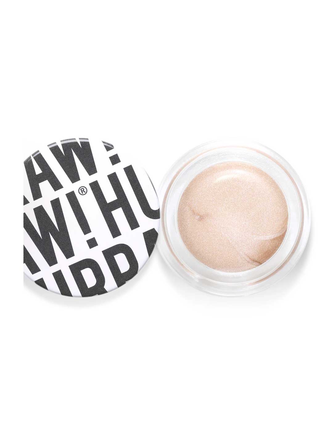 A round container of Hurraw! Pearl Aura Balm 5.8g with its black and white labeled lid partially off, showing the light beige, multi-use sheer balm inside.