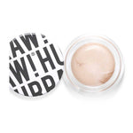 A round container of Hurraw! Pearl Aura Balm 5.8g with its black and white labeled lid partially off, showing the light beige, multi-use sheer balm inside.