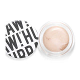 A round container of Hurraw! Pearl Aura Balm 5.8g with its black and white labeled lid partially off, showing the light beige, multi-use sheer balm inside.