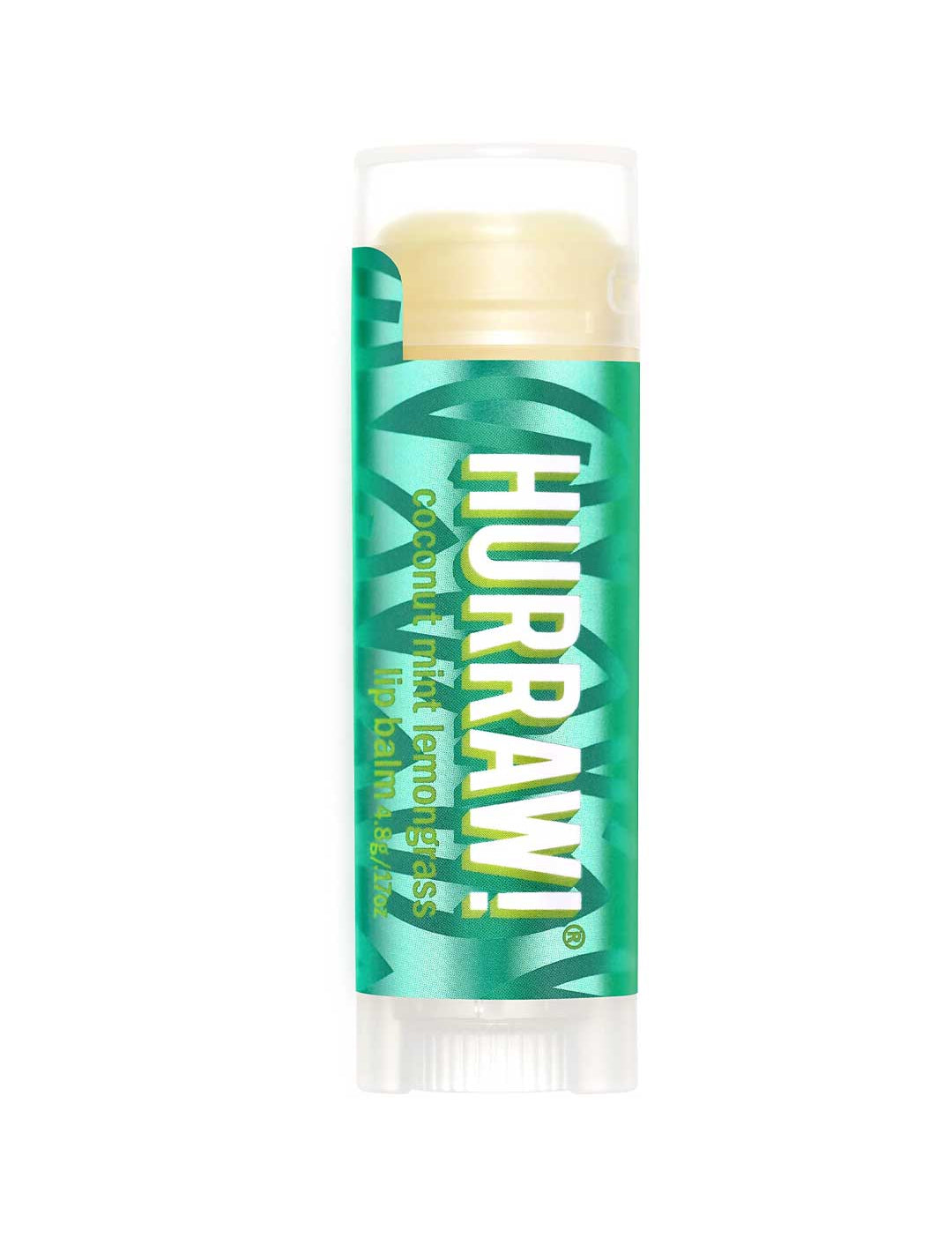 A 4.8g tube of Hurraw! Pitta Lip Balm Coconut Mint & Lemongrass with a green and yellow label stands upright on a white background.