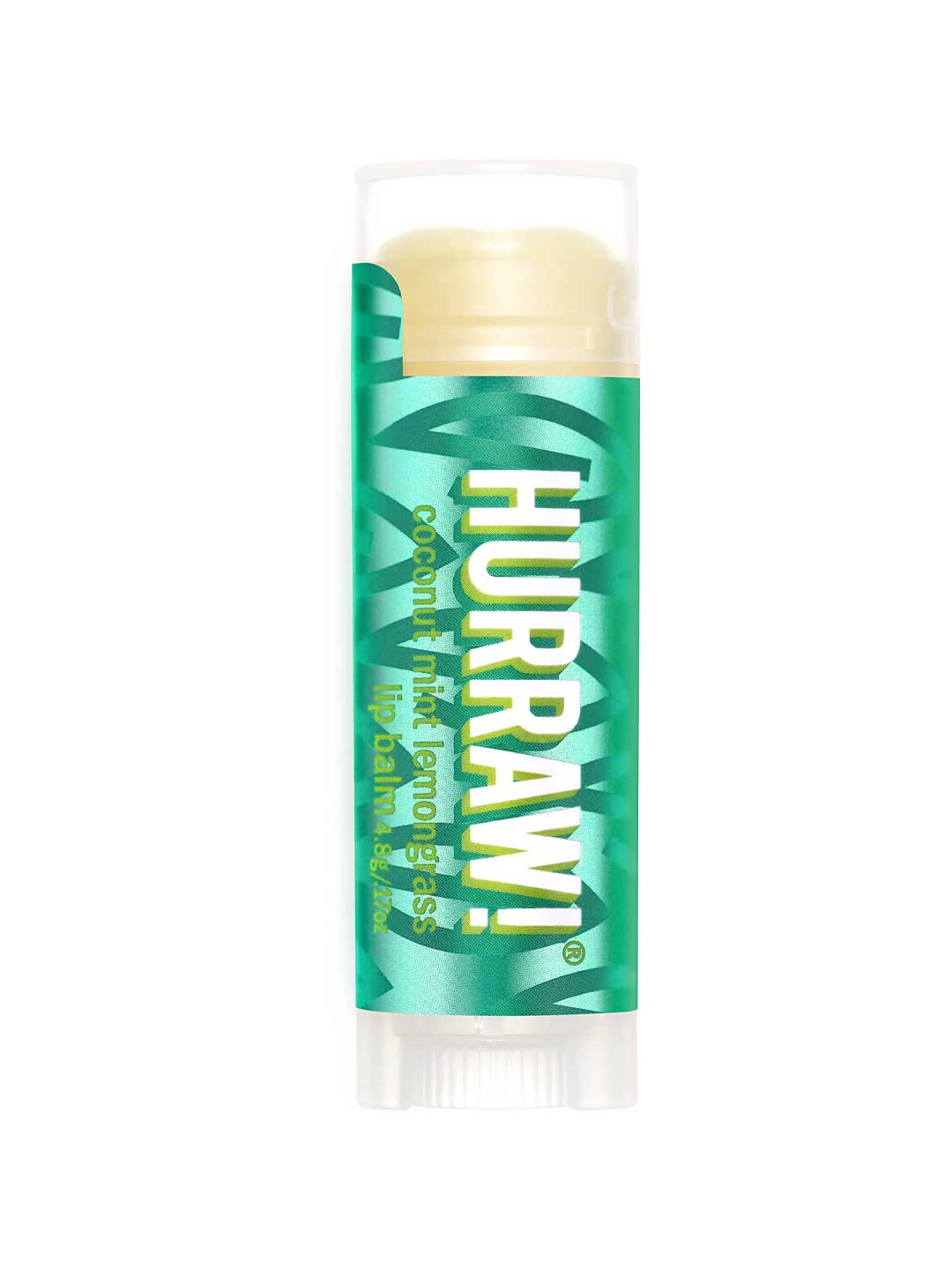 A 4.8g tube of Hurraw! Pitta Lip Balm Coconut Mint & Lemongrass with a green and yellow label stands upright on a white background.
