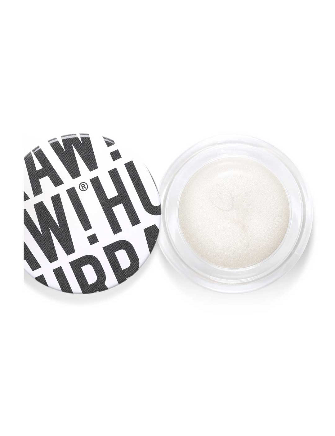A round container of Hurraw! Silver Aura Balm 5.8g vegan cream highlighter with a white lid and bold black text sits on a white background, the lid partially off to show the shimmery, pearly multi-use balm inside.