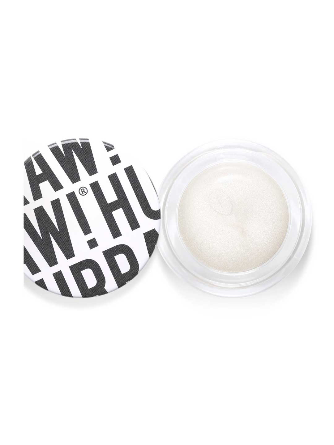 A round container of Hurraw! Silver Aura Balm 5.8g vegan cream highlighter with a white lid and bold black text sits on a white background, the lid partially off to show the shimmery, pearly multi-use balm inside.