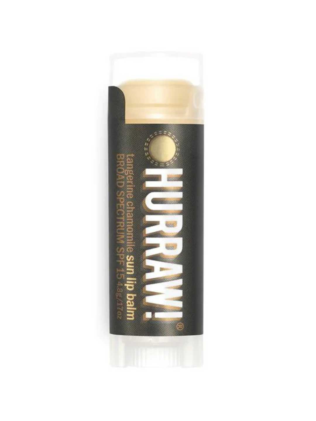 A 4.8g tube of Hurraw! Sun Lip Balm SPF15, featuring black and gold packaging with a transparent cap.
