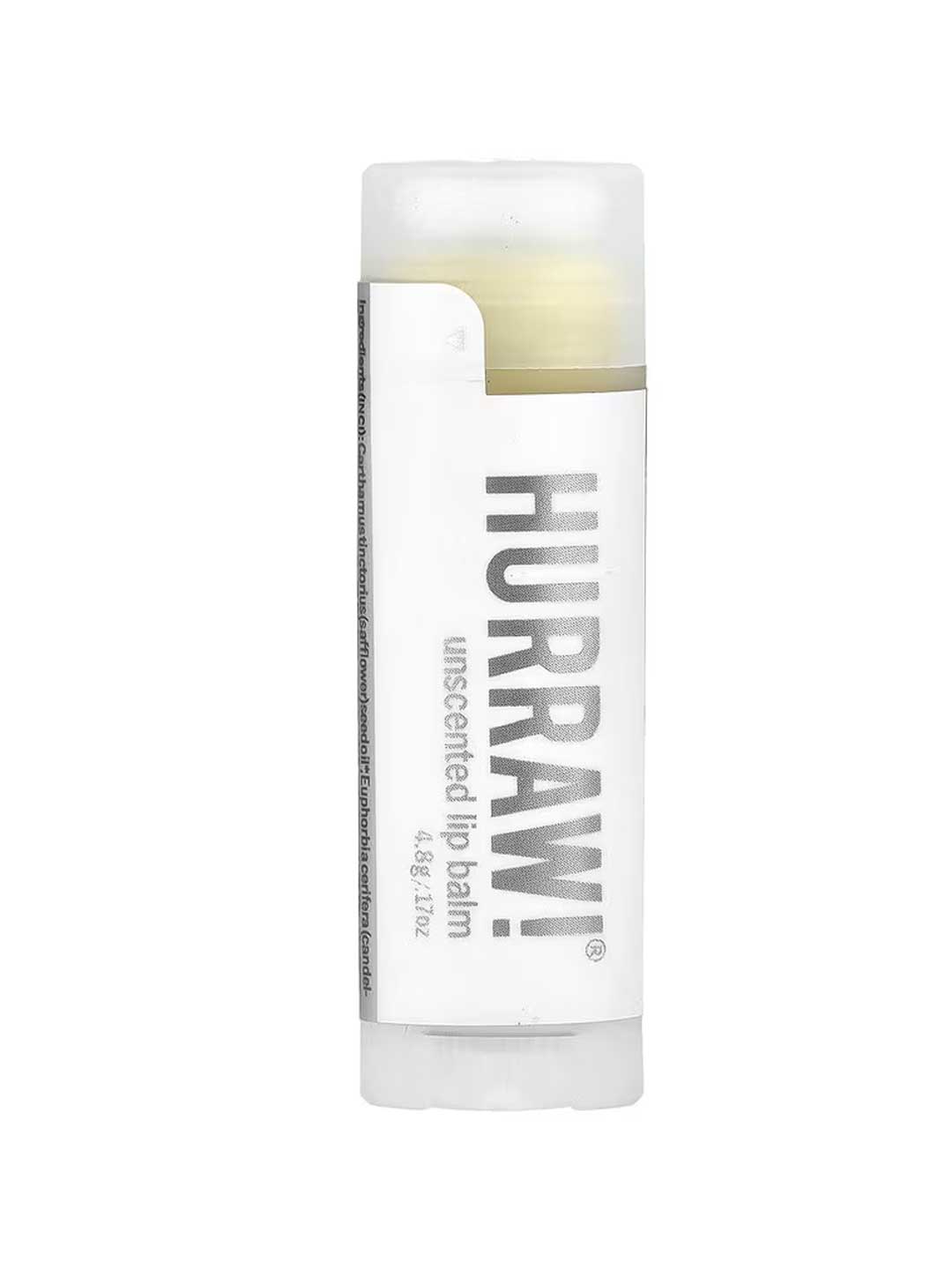 A 4.8g tube of Hurraw! Unscented Lip Balm with a clear cap and bold black text on a white label, displayed upright against a white background.