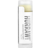 A 4.8g tube of Hurraw! Unscented Lip Balm with a clear cap and bold black text on a white label, displayed upright against a white background.