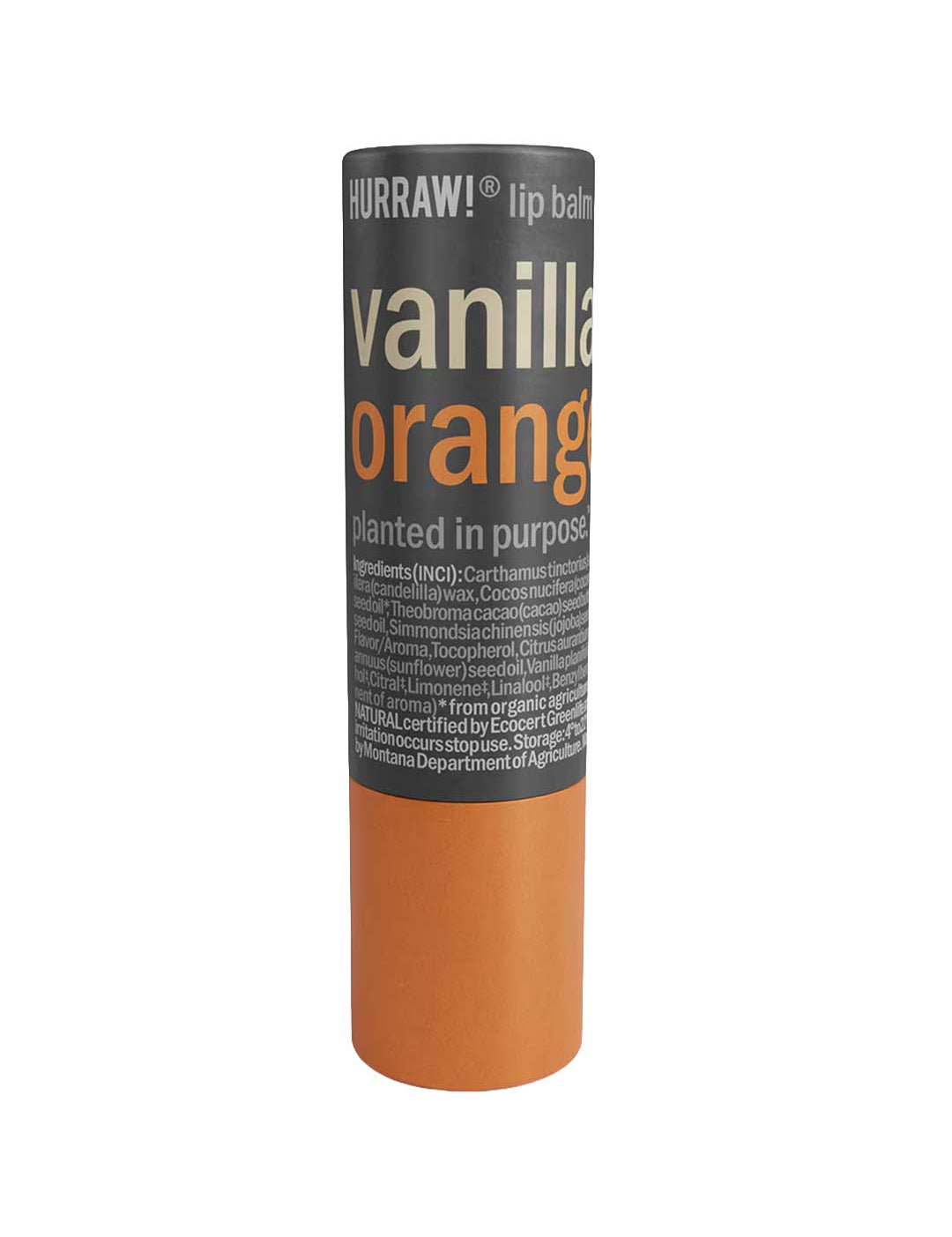 A cylindrical tube of Hurraw! Vanilla & Orange Lip Balm 4.8g features a gray and orange label with product information and ingredients in small text.