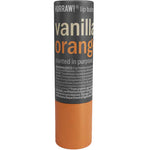A cylindrical tube of Hurraw! Vanilla & Orange Lip Balm 4.8g features a gray and orange label with product information and ingredients in small text.