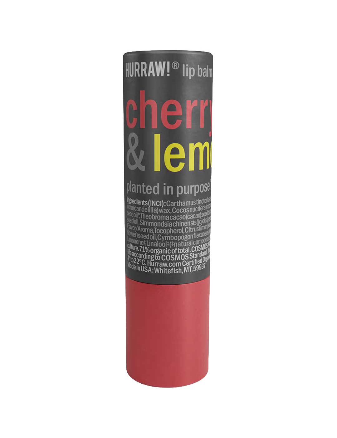 Hurraw! Cherry & Lemon Lip Balm 4.8g by Hurraw Balms comes in a cylindrical tube with a red cap and black label showing product info and ingredients in white and yellow text. This vegan balm is ideal for everyday use.