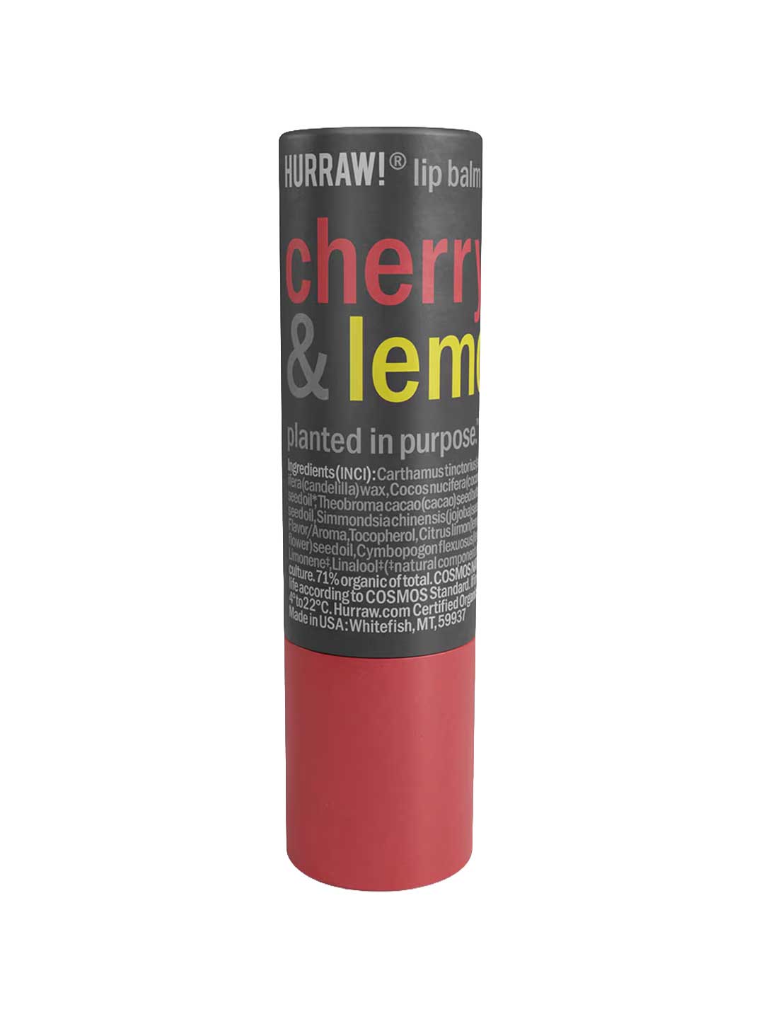 Hurraw! Cherry & Lemon Lip Balm 4.8g by Hurraw Balms comes in a cylindrical tube with a red cap and black label showing product info and ingredients in white and yellow text. This vegan balm is ideal for everyday use.