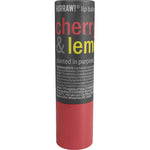 Hurraw! Cherry & Lemon Lip Balm 4.8g by Hurraw Balms comes in a cylindrical tube with a red cap and black label showing product info and ingredients in white and yellow text. This vegan balm is ideal for everyday use.