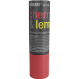 Hurraw! Cherry & Lemon Lip Balm 4.8g by Hurraw Balms comes in a cylindrical tube with a red cap and black label showing product info and ingredients in white and yellow text. This vegan balm is ideal for everyday use.
