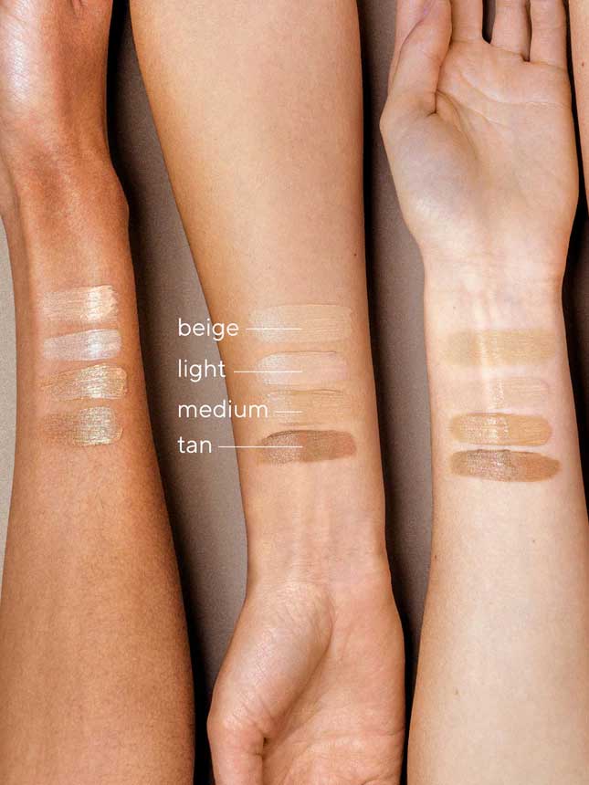 Three forearms of different skin tones show four swatches—beige, light, medium, and tan—illustrating how each Hyaluronic Anti-Pollution CC Cream SPF15 40ml shade looks on various skin colors.