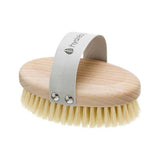 Oval Hydrea body brush with a pale wooden back, dense cream-coloured bristles and a grey fabric hand strap secured with silver rivets.