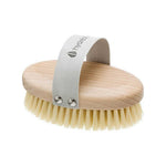 The Hydrea Professional Vegan Dry Body Brush features an oval shape, light bristles, and a gray fabric strap with metal rivets for easy grip—perfect for dry brushing routines. Shown on a white background.