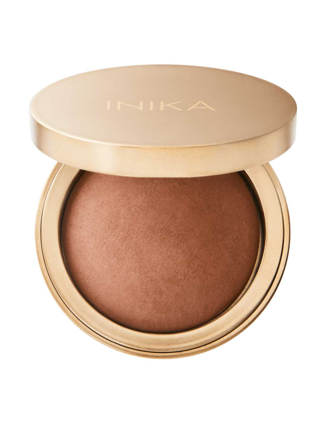 The INIKA Organic Baked Mineral Bronzer - Sunbeam 9g features a gold compact with a dome-shaped bronzer inside, ideal for a radiant sun-kissed look. The lid displays "INIKA" in gold lettering.