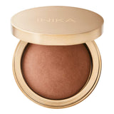 The INIKA Organic Baked Mineral Bronzer - Sunbeam 9g features a gold compact with a dome-shaped bronzer inside, ideal for a radiant sun-kissed look. The lid displays "INIKA" in gold lettering.