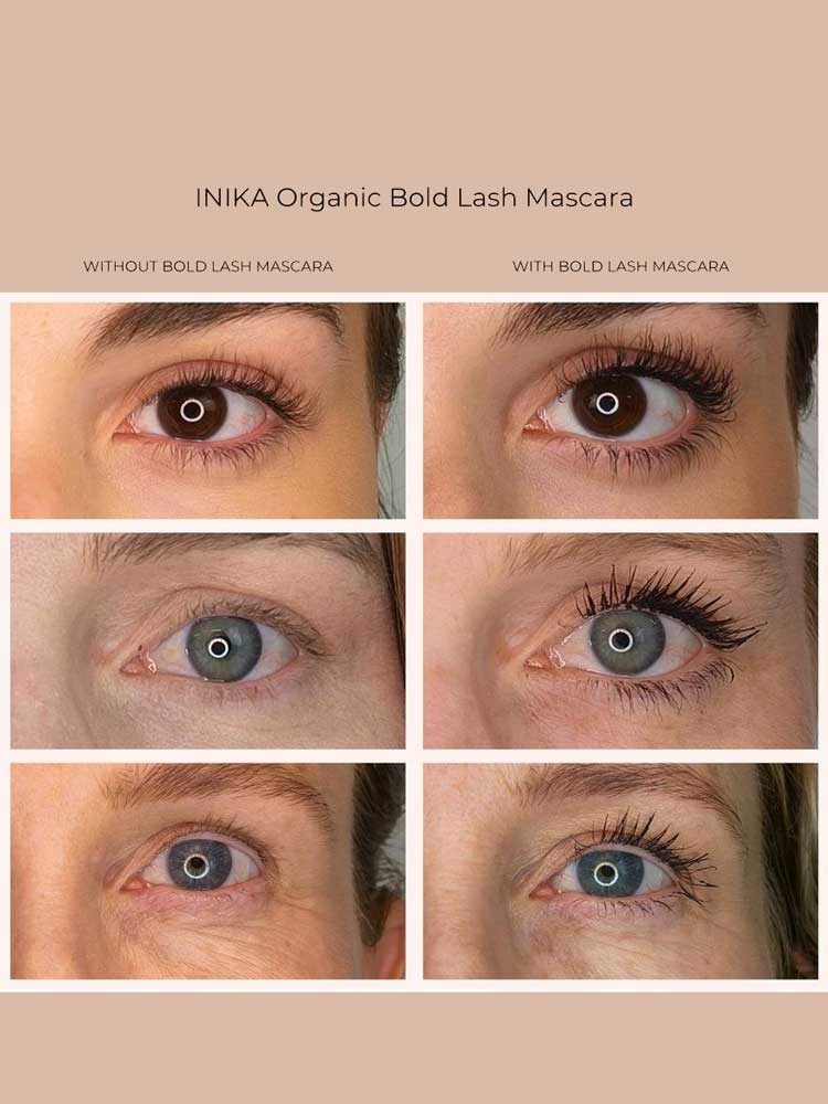 Split-screen comparison showing three pairs of eyes before (left) and after (right) applying INIKA Organic Bold Lash Mascara Black 13ml, highlighting the volumising effect and enhanced lash definition achieved.