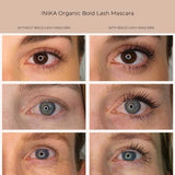 Split-screen comparison showing three pairs of eyes before (left) and after (right) applying INIKA Organic Bold Lash Mascara Black 13ml, highlighting the volumising effect and enhanced lash definition achieved.